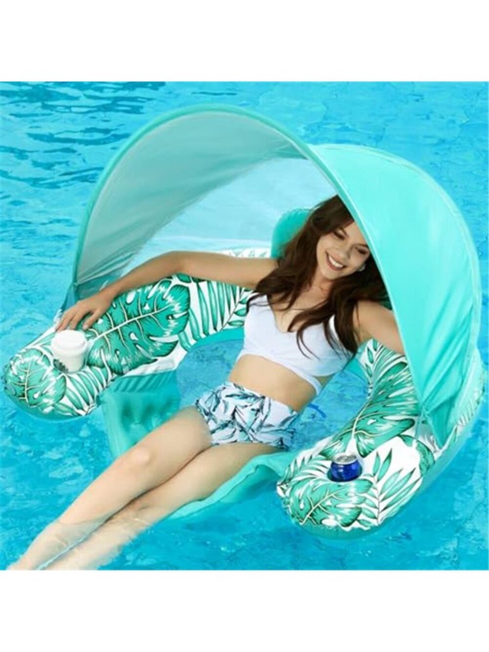Pool Float Chair With Canopy Cup Holder Inflatable Lounge Raft Adult Water Seat